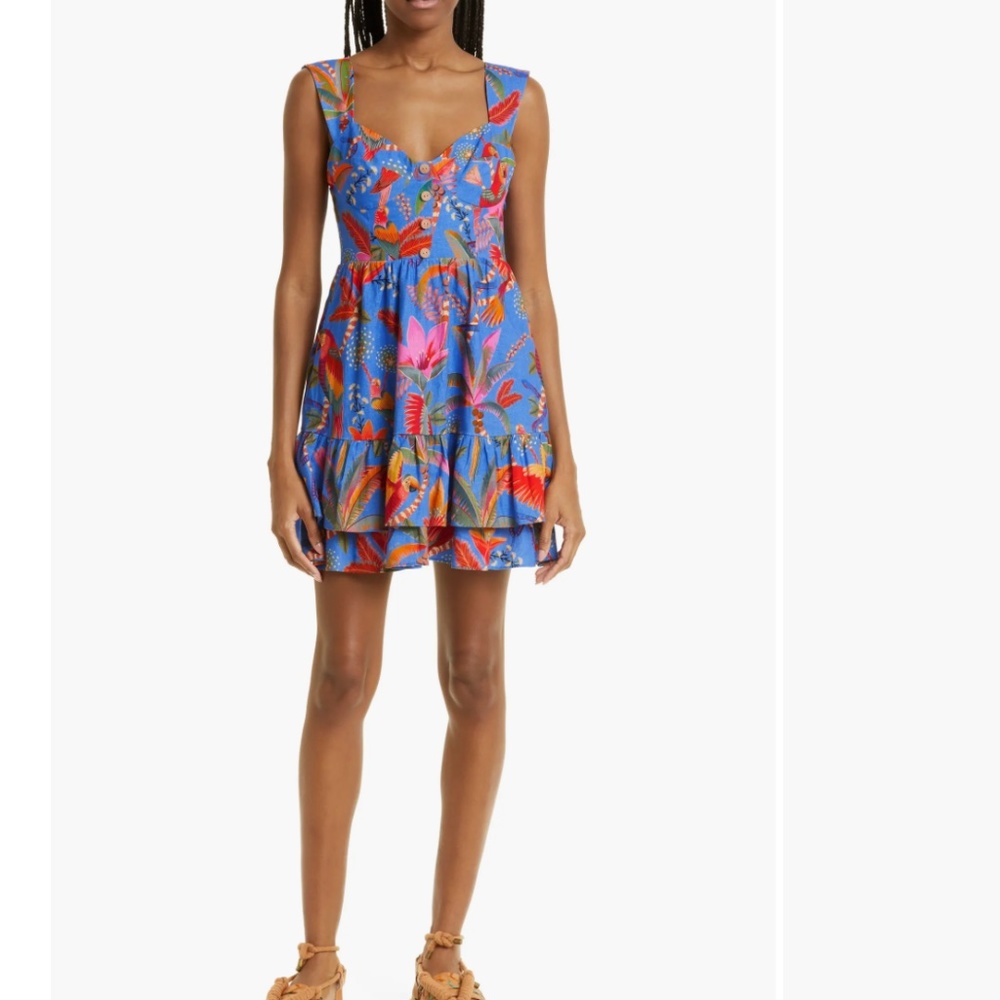 NWT $180 FARM Rio Macaw Party Tiered Linen Blend Fit & Flare Minidress!